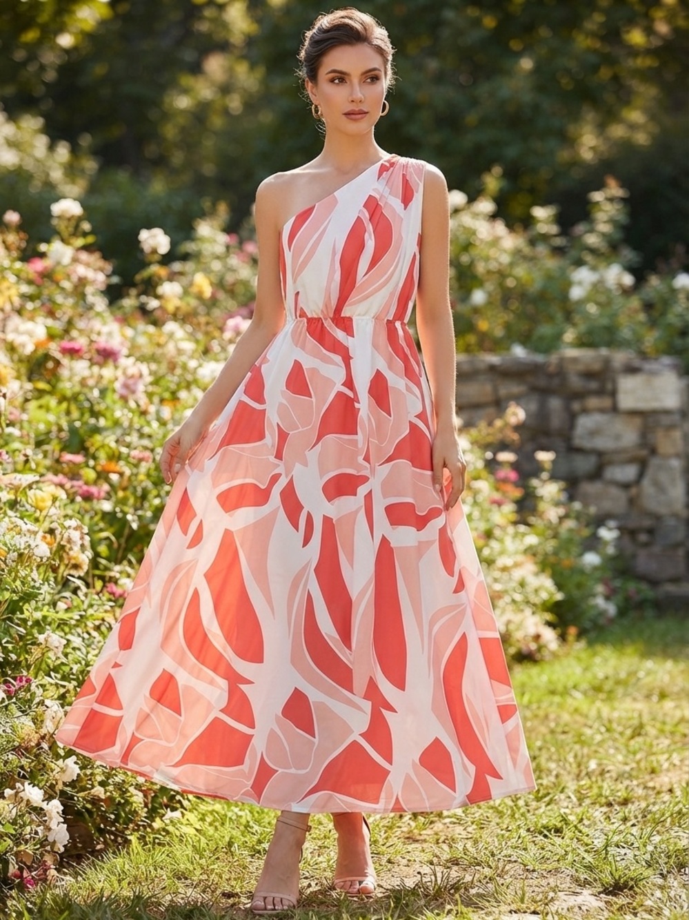 BTFBM Women's Medium One-Shoulder Maxi Dress Coral Pink Abstract Leaf Print Long